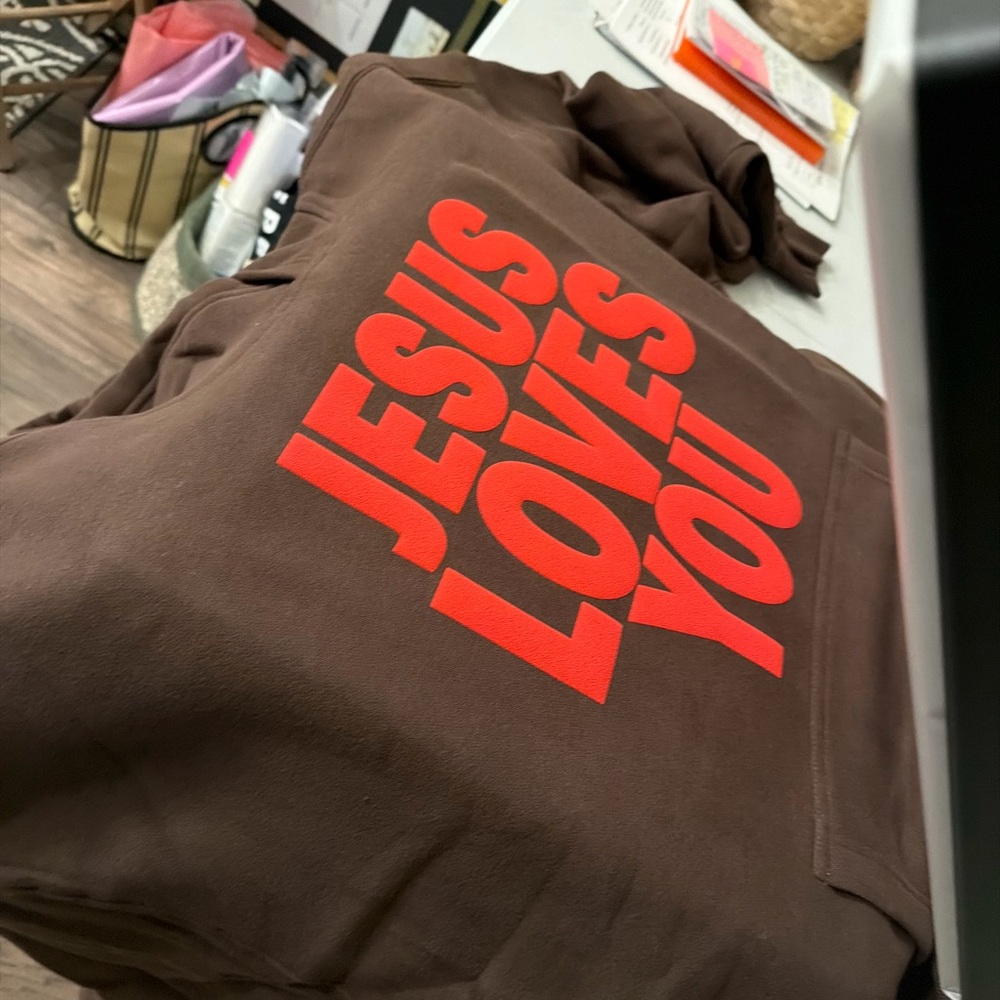 Brown Hoodie with Red Text